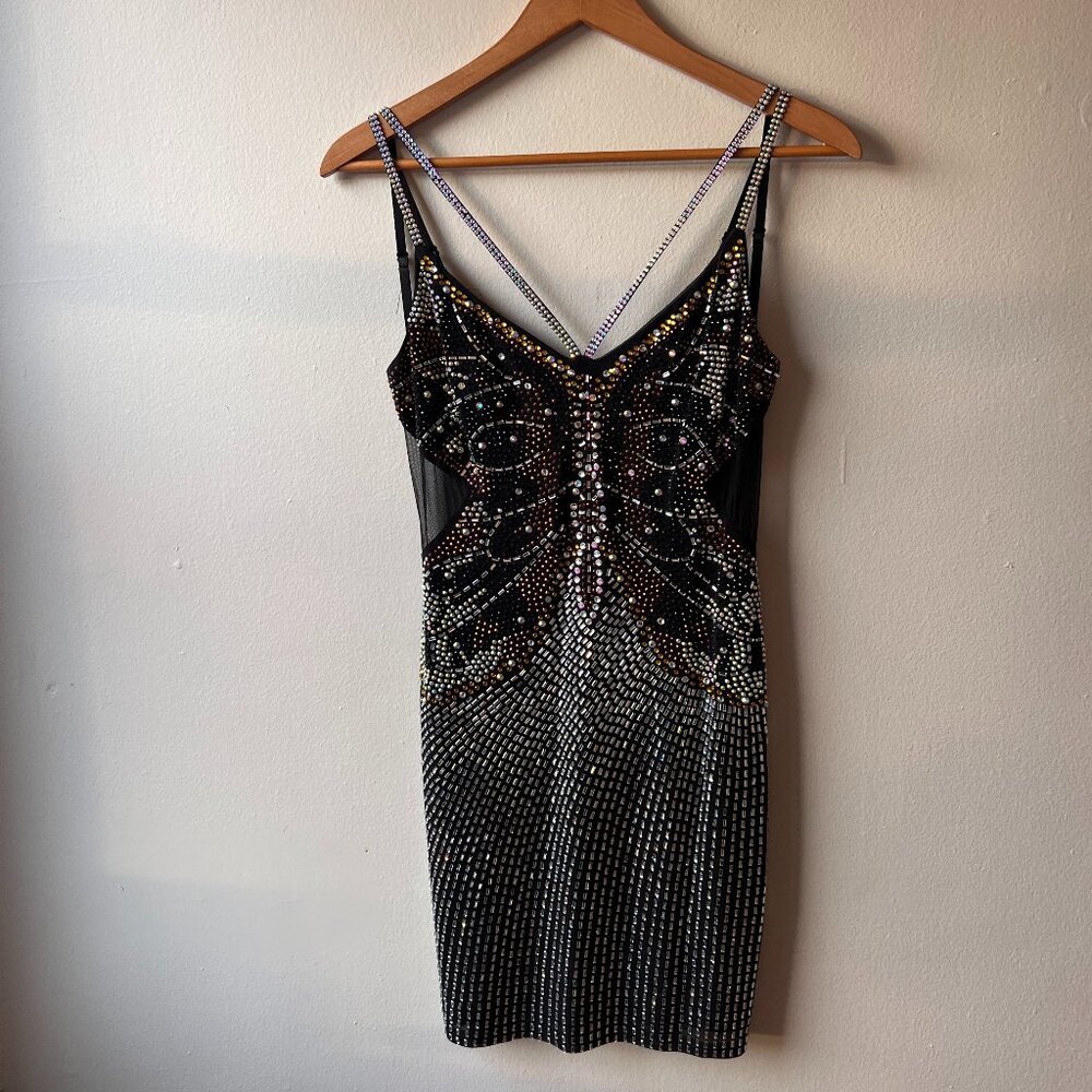 BUTTERFLY BEDAZZLE SPARKLY MINI DRESS WITH MESH SIDE CUTOUTS & ADJUSTABLE STRAPS